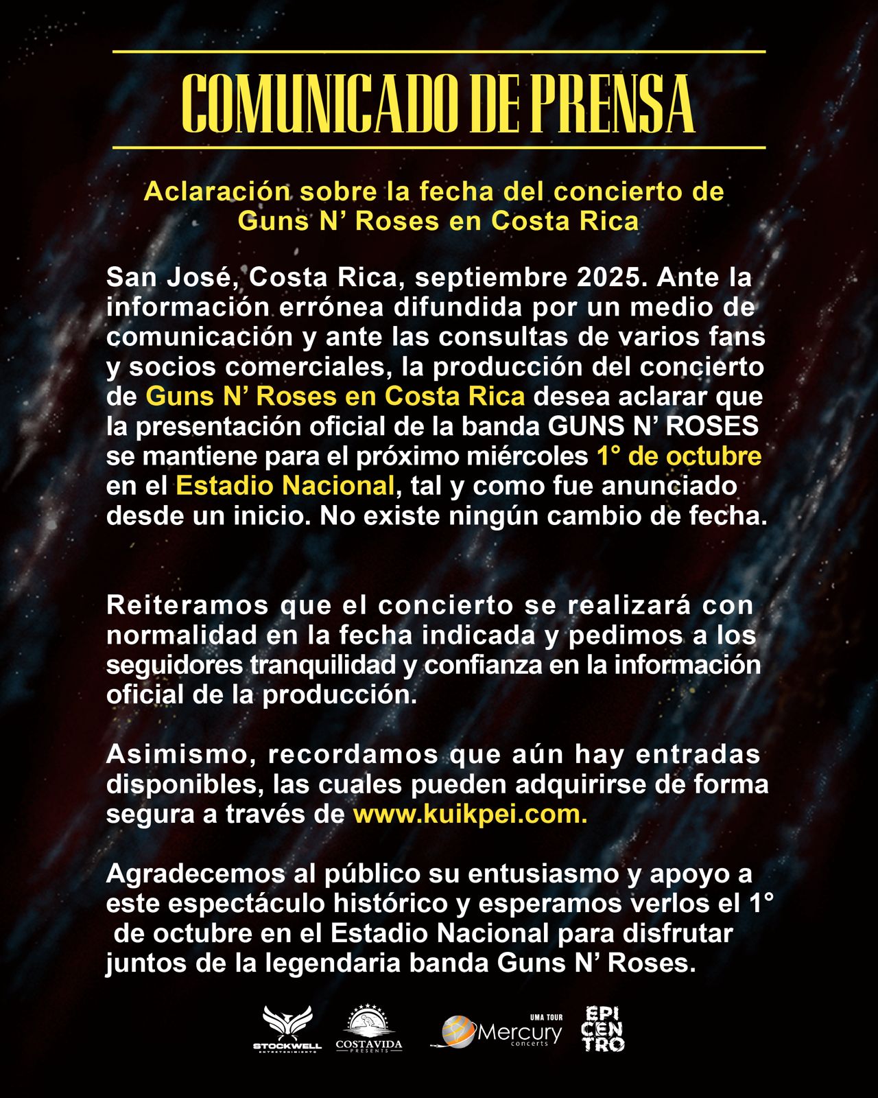 Aclaración sobre la fecha del concierto de Guns N’ Roses en Costa Rica